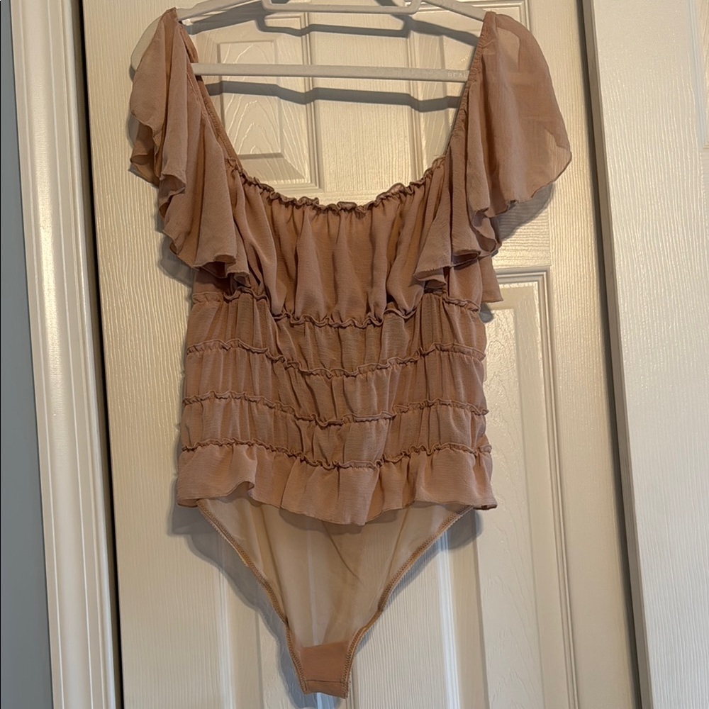 Free People Cream Off The Shoulder Flutter Sleeve Bodysuit